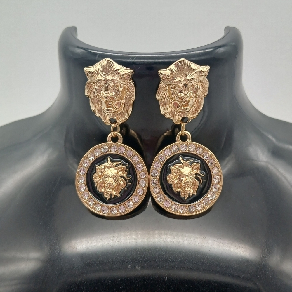 Gold-tone Lion Detail Jeweled Earrings​​